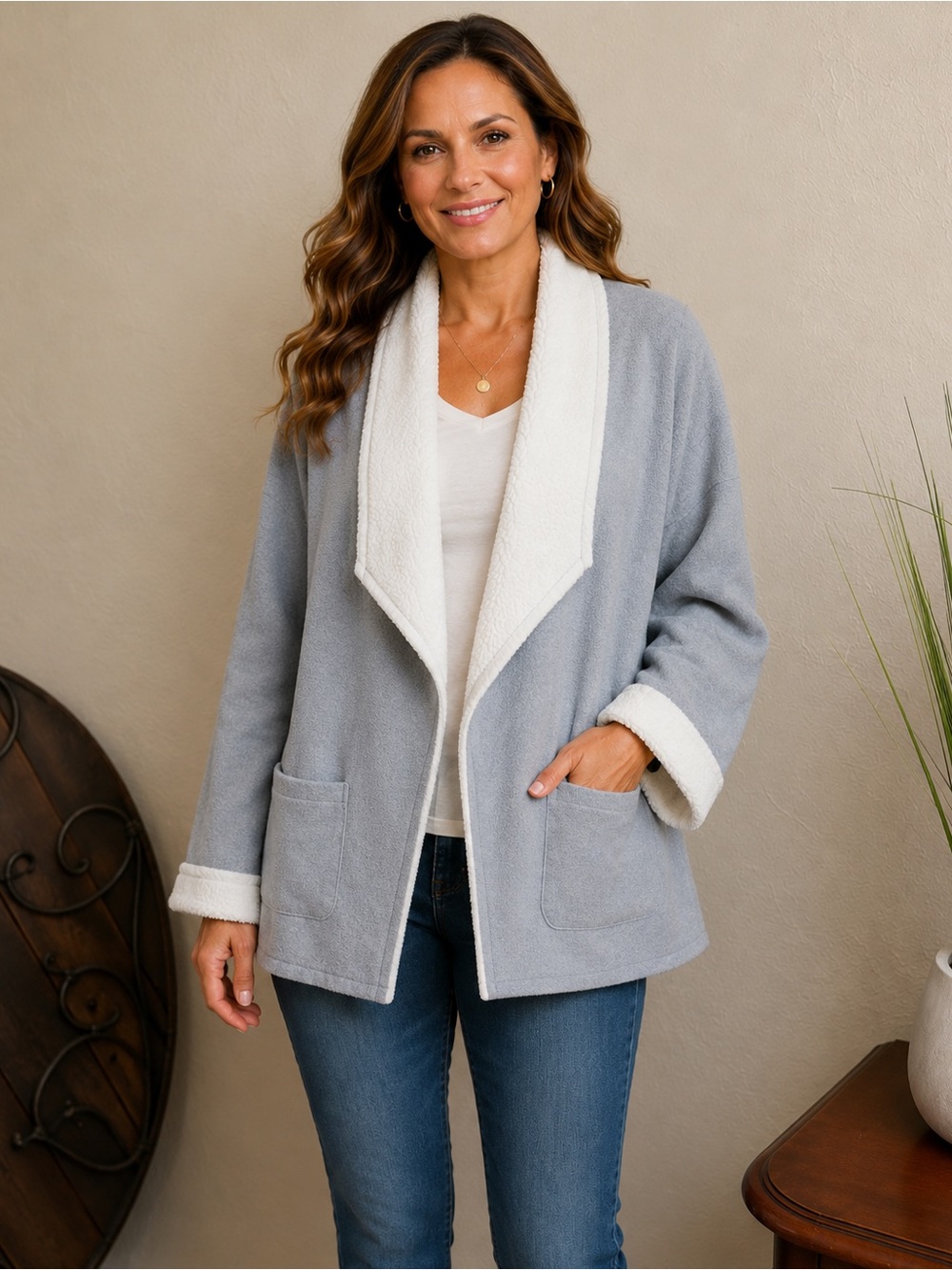 NWT $148 Karen Kane Gray Raw Edge Trendy Warm and Cozy Jacket Size Small